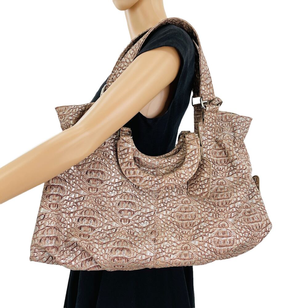 Treska Beige Embossed Faux Reptile Skin Double Handle Boho Weekend Tote Bag